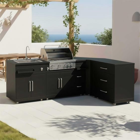 Cuisine extérieure acier 4 éléments avec barbecue - Oviala Memphis