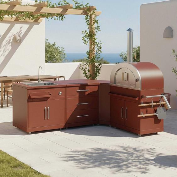 Cuisine extérieure acier 4 éléments avec four à pizza brique - Oviala Memphis