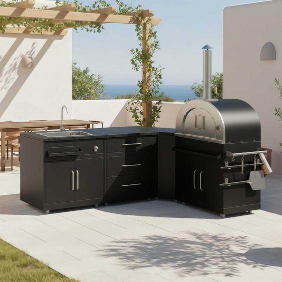 Cuisine extérieure acier 4 éléments avec four à pizza - Oviala Memphis