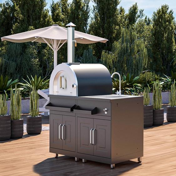 Cuisine extérieure en métal avec 2 modules évier et four à pizza - Oviala Memphis