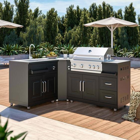 Cuisine extérieure en métal avec 3 modules évier et barbecue - Oviala Memphis