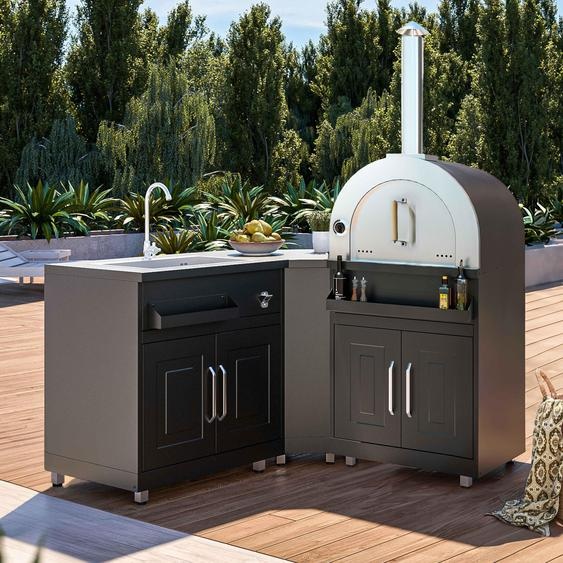 Cuisine extérieure en métal avec 3 modules évier et four à pizza - Oviala Memphis