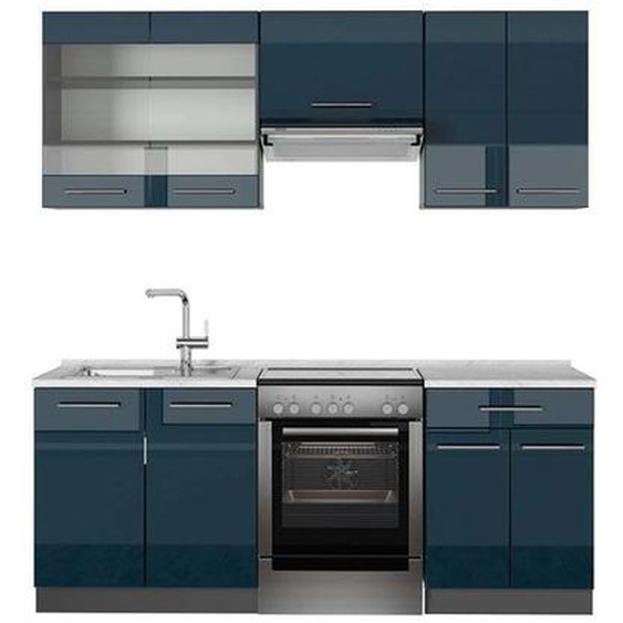 cuisine Fame-Line, 200 cm , PT Marbre, Bleu foncé brillant/Anthracite, Vicco