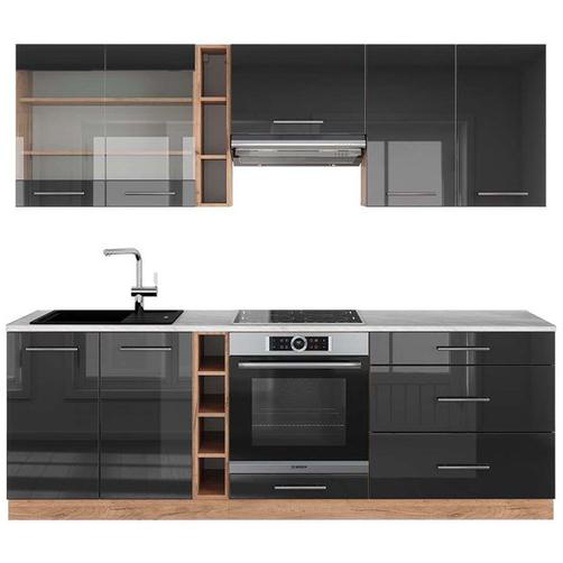 Cuisine Fame-Line, 235 cm , PT Marbre, Anthracite brillant/Chêne doré, Vicco