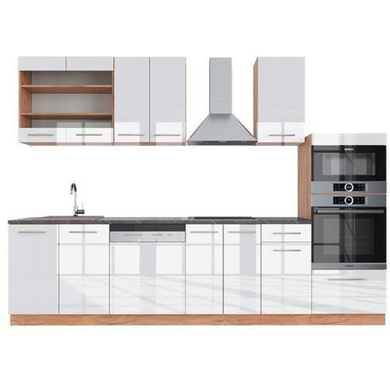 Cuisine Fame-Line, 300 cm avec armoire haute, PT Anthracite, Blanc brillant/Chêne doré, Vicco