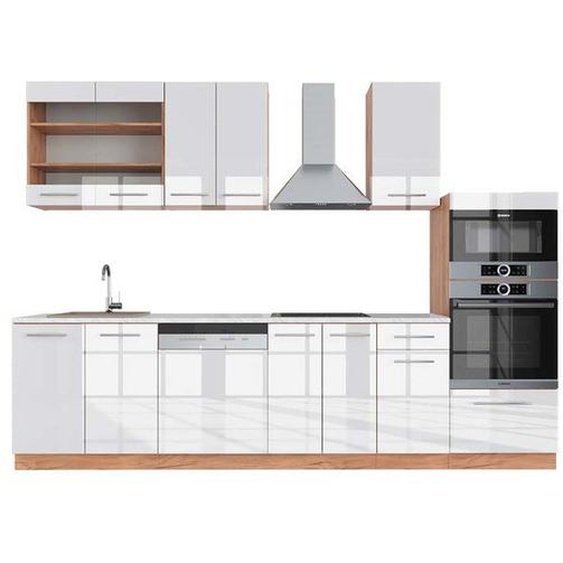Cuisine Fame-Line, 300 cm avec armoire haute, PT Marbre, Blanc brillant/Chêne doré, Vicco