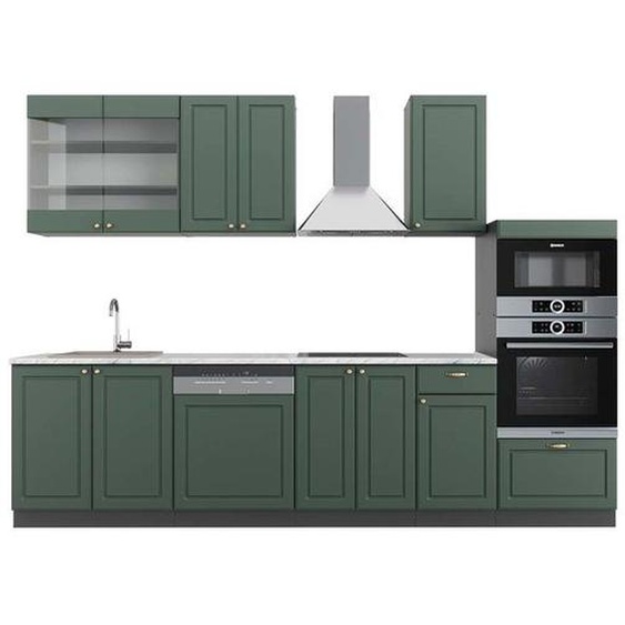 Cuisine Fame-Line, 300 cm avec armoire haute, PT Marbre, Vert et or campagne/anthracite, Vicco
