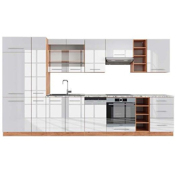 Cuisine Fame-Line, 355 cm , PT Marbre, Blanc brillant/Chêne doré, Vicco