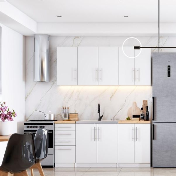 Cuisine Kitchenette Bloc de cuisine Eléments suspendus Evier Buffet avec tiroirs 180cm Blanc+Chêne Craft Gold - Inez