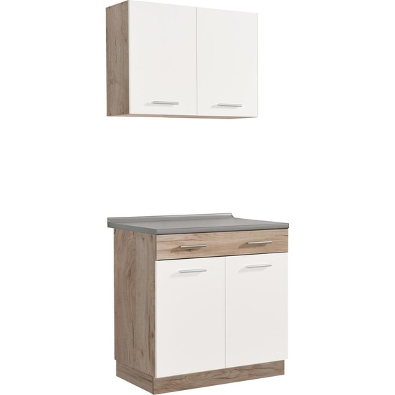 Cuisine linéaire Homestyle4u, largeur 80 cm, finition mate, blanc clair, cuisine intégrée, idéale pour les studios, avec éléments en chêne