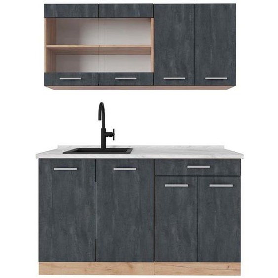 Cuisine R-Line, 140 cm PT Marbre, Béton noir/chêne doré, Vicco