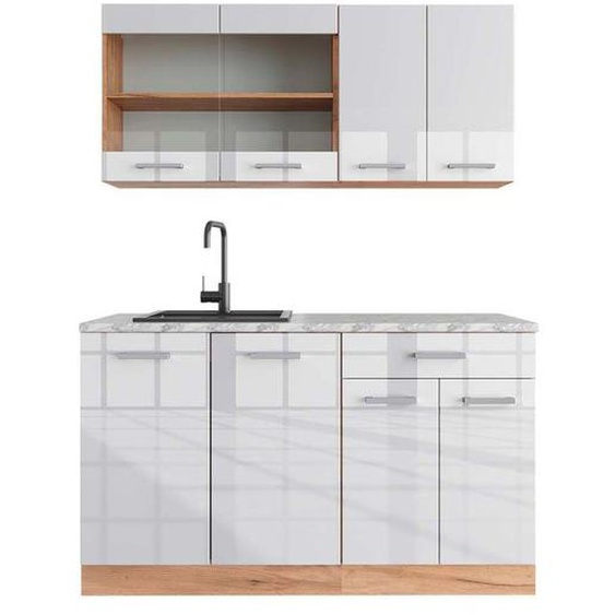 Cuisine R-Line, 140 cm , PT Marbre, Blanc brillant/Chêne doré, Vicco