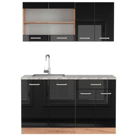 Cuisine R-Line, 140 cm , PT Marbre, Noir brillant/Chêne doré, Vicco