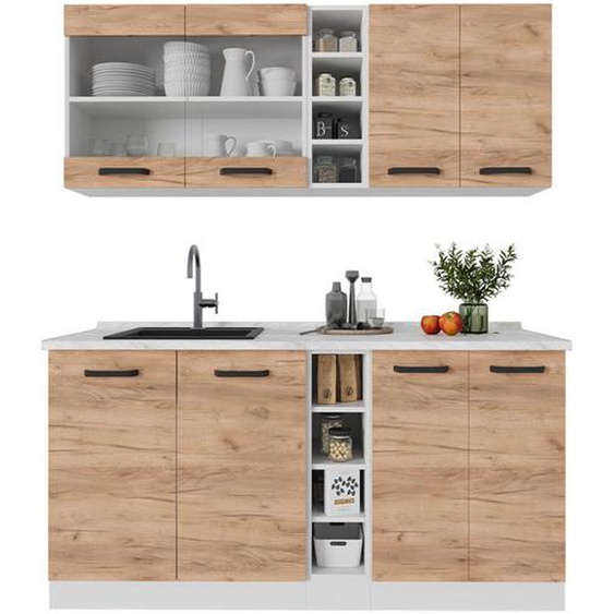 Cuisine R-Line, 160cm sans PT, Chêne doré/blanc, Blanc, Vicco