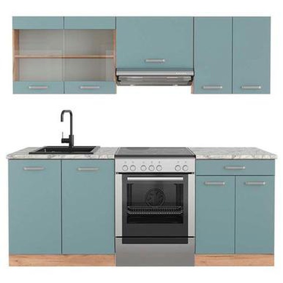 Cuisine R-Line, 200 cm , PT Marbre, Bleu-gris/chêne doré, Vicco