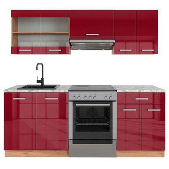 Cuisine R-Line, 200 cm , PT Marbre, Bordeaux brillant/Chêne doré, Vicco