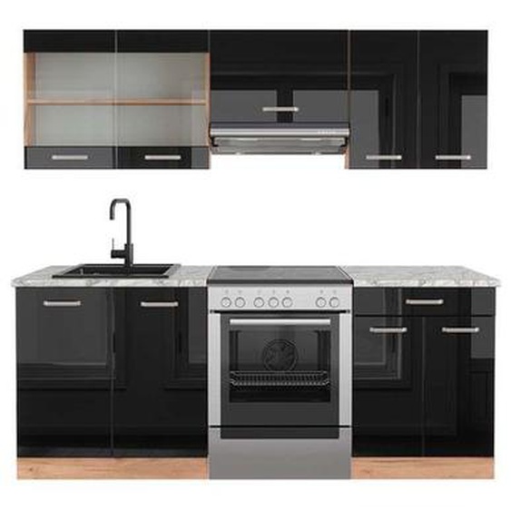Cuisine R-Line, 200 cm , PT Marbre, Noir brillant/Chêne doré, Vicco
