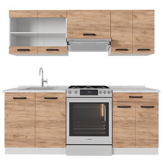 Cuisine R-Line, 200cm sans PT, Chêne doré/blanc, Blanc, Vicco
