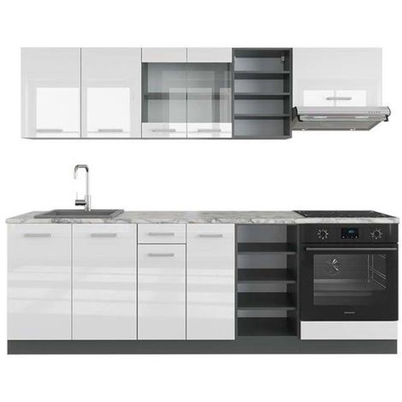 Cuisine R-Line, 240 cm , PT Marbre, Blanc brillant/Anthracite, Vicco