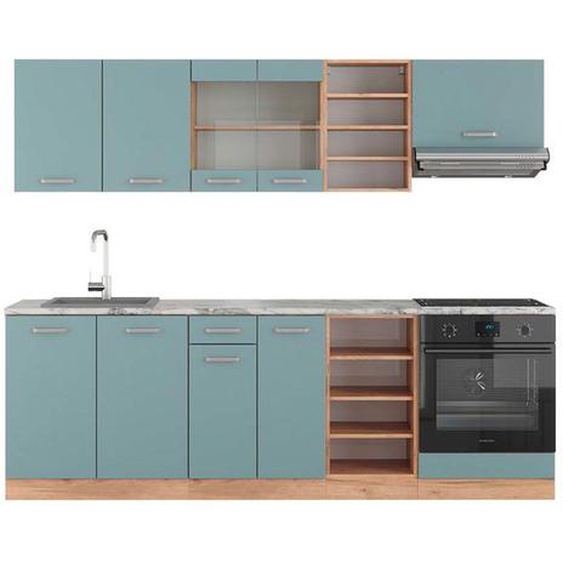 Cuisine R-Line, 240 cm , PT Marbre, Bleu-gris/chêne doré, Vicco
