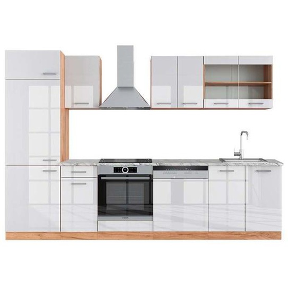 Cuisine R-Line, 300 cm , PT Marbre, Blanc brillant/Chêne doré, Vicco