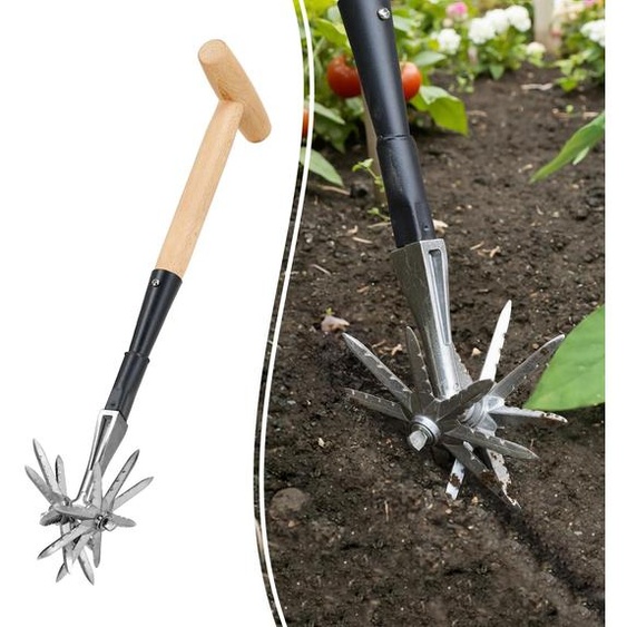 Cultivateur rotatif manuel, en aluminium, avec manche en bois en forme de T, 45 cm