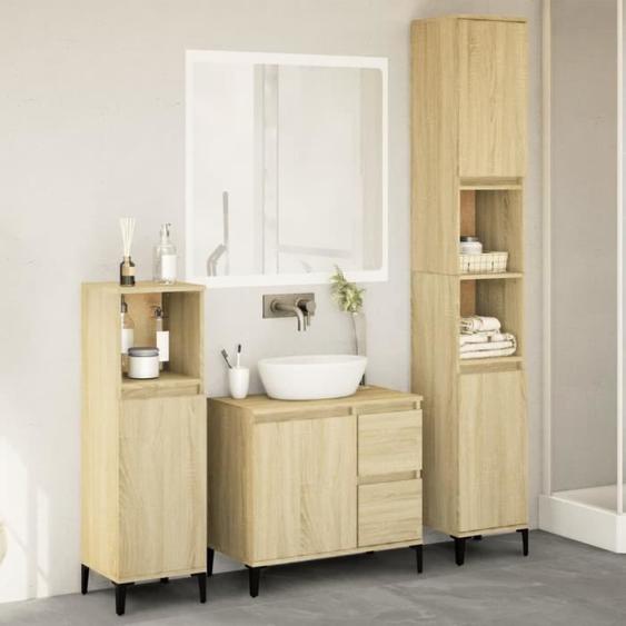 Ensemble de meubles de salle de bain - CUQUE - AF1014 - Chêne Sonoma - 3 pièces - Design Contemporain