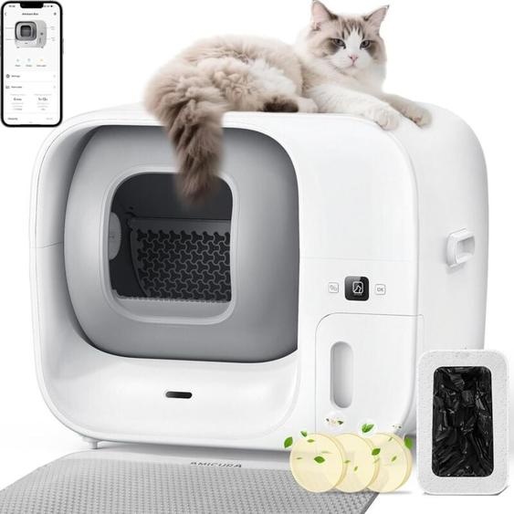 Cura 3 Bac à litière autonettoyant 60 l, surveillance par application et protection brevetée contre les fuites, contrôle des odeurs - Amicura