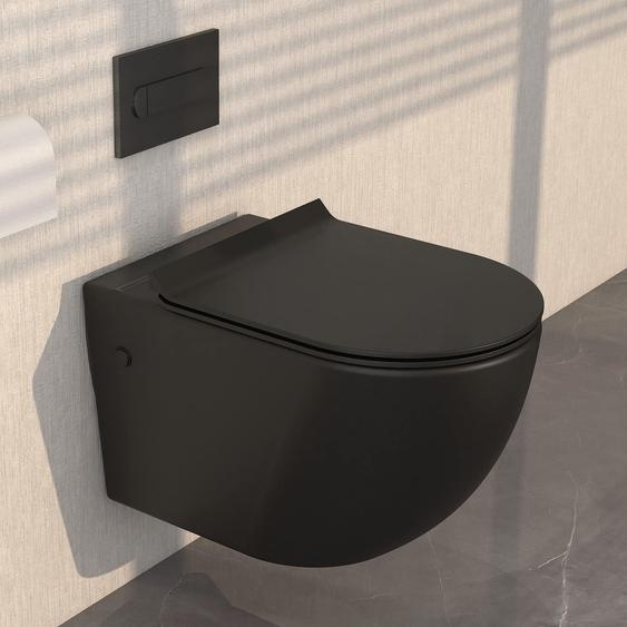Cuvette de toilette suspendue, double chasse deau, en céramique, noire, dimensions : 55,7 x 35,2 x 40,7 cm
