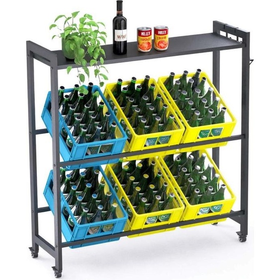 DanDiBo Étagère pour caisses de boissons 6 caisses avec étagère Roulettes Crochets Métal Noir 96653 Étagère pour boissons Étagère pour caisses de boissons Étagère pour récipients
