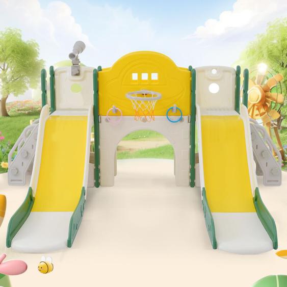 Aire de jeux 8 en 1, avec 2 toboggan, panier de basket, lasso, jumelles, échelle, en hdpe, Convient pour lintérieur et lextérieur - Vert