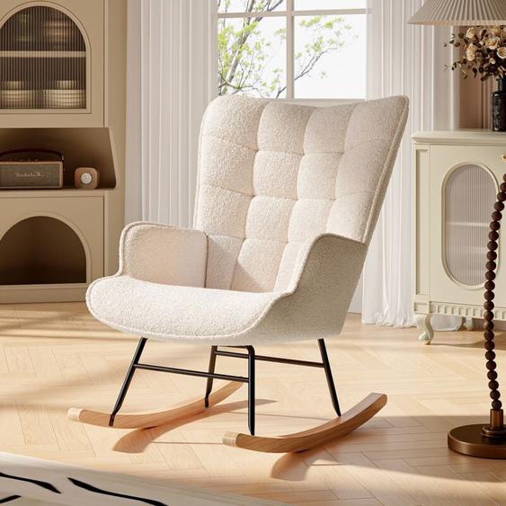 Dans Les Nuages - Fauteuil à bascule, tissu sherpa, avec pieds en bois massif, dossier en capitonné, accoudoirs, style scandinave, Rocking chair