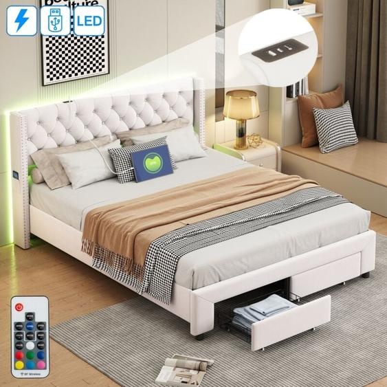 Dans Les Nuages - Lit 140x190 cm, 2 places, avec 2 tiroirs, led, décoration par rivets, usb, poche latérale de rangement, sommier à lattes en bois,