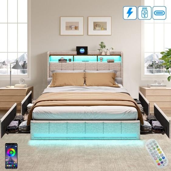 Dans Les Nuages - Lit 140x190 cm, 2 places, avec 4 tiroirs, led, étagères, usb-a/c, sommier à lattes en bois, cadre en métal, lit double capitonné en