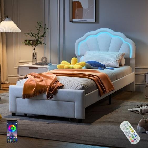 Dans Les Nuages - Lit simple 90x200 cm, avec éclairage led, tiroirs, tête de lit en forme de fleur, sommier à lattes en bois, lit princesse capitonné