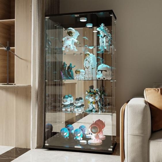 Dans Les Nuages - Vitrine en verre de sécurité trempé avec led, 2 porte, 4 étagères, cadre en bois, Serrures, clés, poignée, vitrine pour salon,