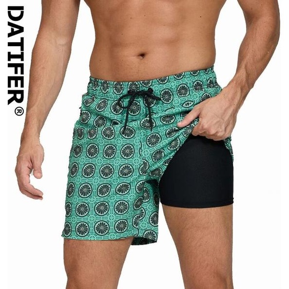 DATIFER 2026 – Nouveauté : Short de bain homme 2-en-1 en polyester avec doublure longue, poche latérale zippée – Idéal pour la plage et la gym
