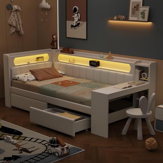 Daybed 90x200 Blanc, USB, 7-couleurs LED, bureau & 2 tiroirs