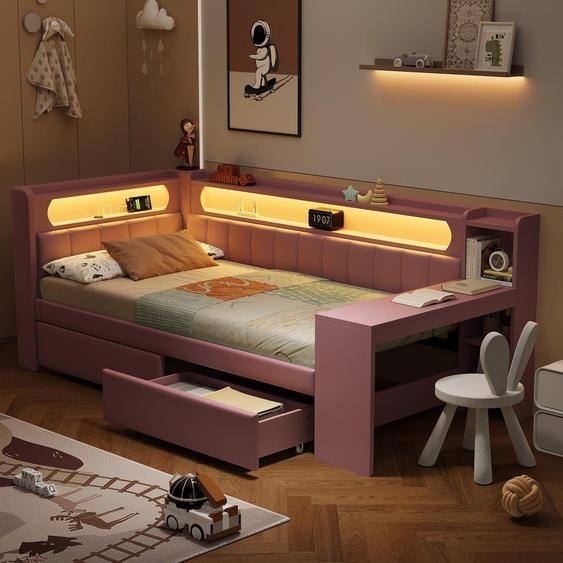 Daybed 90x200, Rose, USB, éclairage LED, bureau & 2 tiroirs