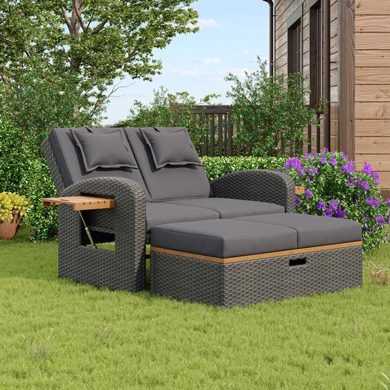 Daybed de jardin pour 2 personnes, avec rotin, dossier réglable, repose-pieds et coussins, gris