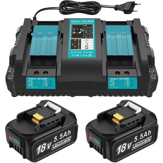 DC18RD Chargeur 18 V + 2 batteries de rechange 5,5 Ah compatibles avec batterie Makita 18 V et chargeur, batteries de rechange 18 V BL1860B, BL1850B,