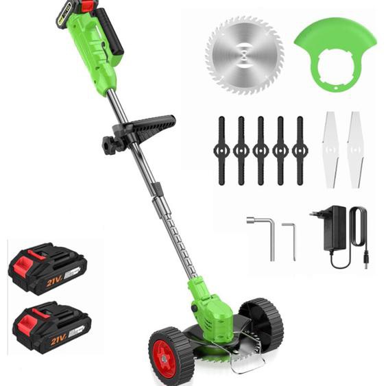 Debroussailleuse Electrique sans Fil 21V, Coupe Bordure sans Fil avec 2 Batterie et 3 Types De Lames, roulettes Amovibles, Réglable en Hauteur,