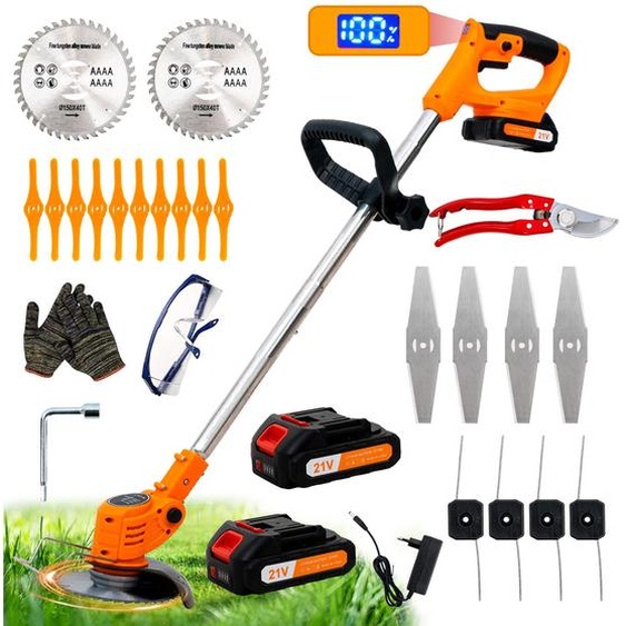 Débroussailleuse sans fil OUTIGO, 3 types de lames, 2 batteries de 21 V, télescopique et réglable, idéale pour le jardin et la terrasse.