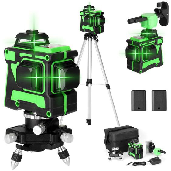 Niveau Laser 3D avec 12 Lignes, Nivellement Automatique, Base Rotative à 360° et Barre dExtension en Alliage dAluminium, Laser vert