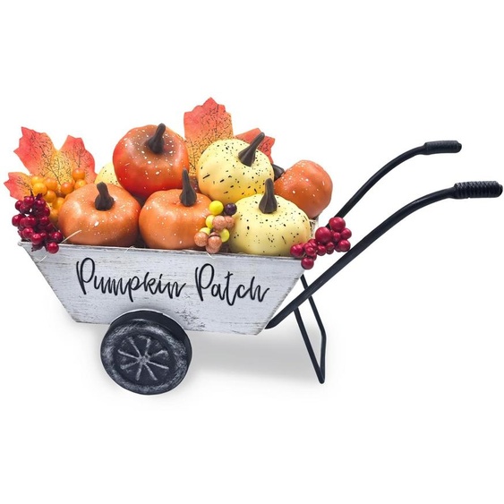 Décoration dautomne, brouette de style champêtre en métal de 23,5 cm avec des citrouilles, des baies et des feuilles artificielles, brouette vintage pour citrouilles dautomne, décoration de jardin pour la table de cuisine, le balcon ou la terrasse,