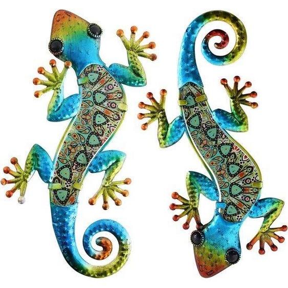 Décoration murale gecko métallique - art du jardinage lézard - 2 pièces - vert - métal