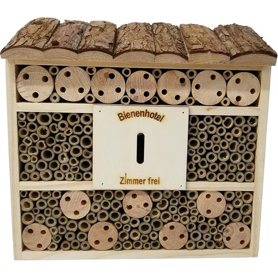 Dehner Natura Premium Hôtel pour insectes Andrena, maison pour insectes / nichoir pour abeilles/papillons/coccinelles, env. 29.5 x 9.5 x 28.5 cm, bois de pin, sapin/bambou/contreplaqué, naturel
