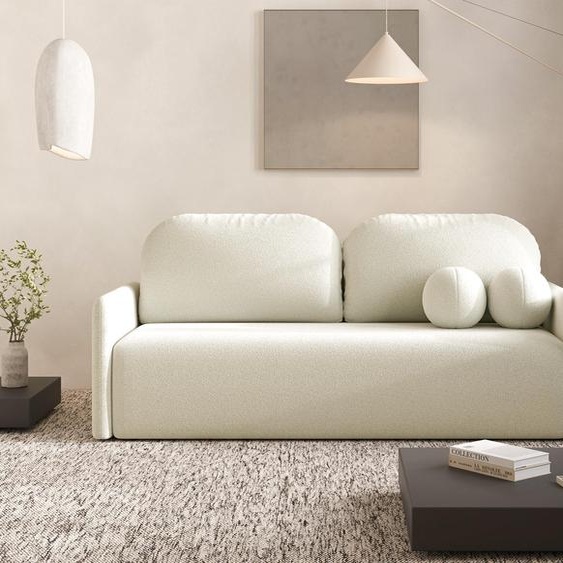 DEKORI Canapé scandinave MALVA - Canapé 3 places en tissu avec coussins ronds - QUELLE 02 (Blanc crème)