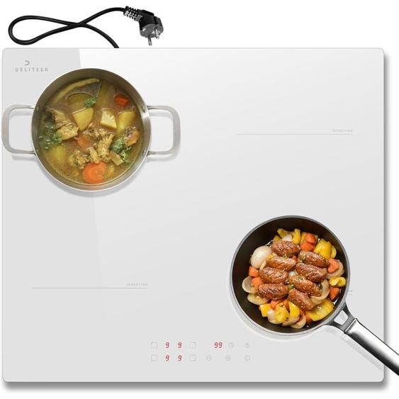 DELITEER Induktionskochfeld 4 Platten, Kochfeld Einbau 59CM mit Stecker, Weißes Keramikglas, Induktionskochfeld Autark 3500W, 9 Leistungsstufen,