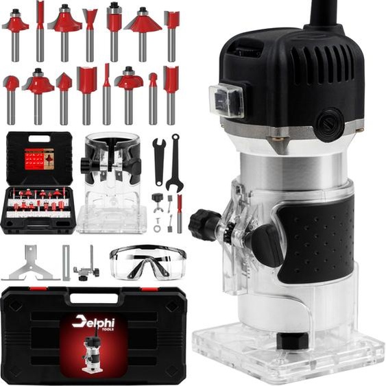 DELPHI défonceuse à bois Défonceuse à bois manuelle électrique avec boîtier - 12 jeux daccessoires 800 W 330 000 R/min 6,35 mm - Défonceuse à bois Edge